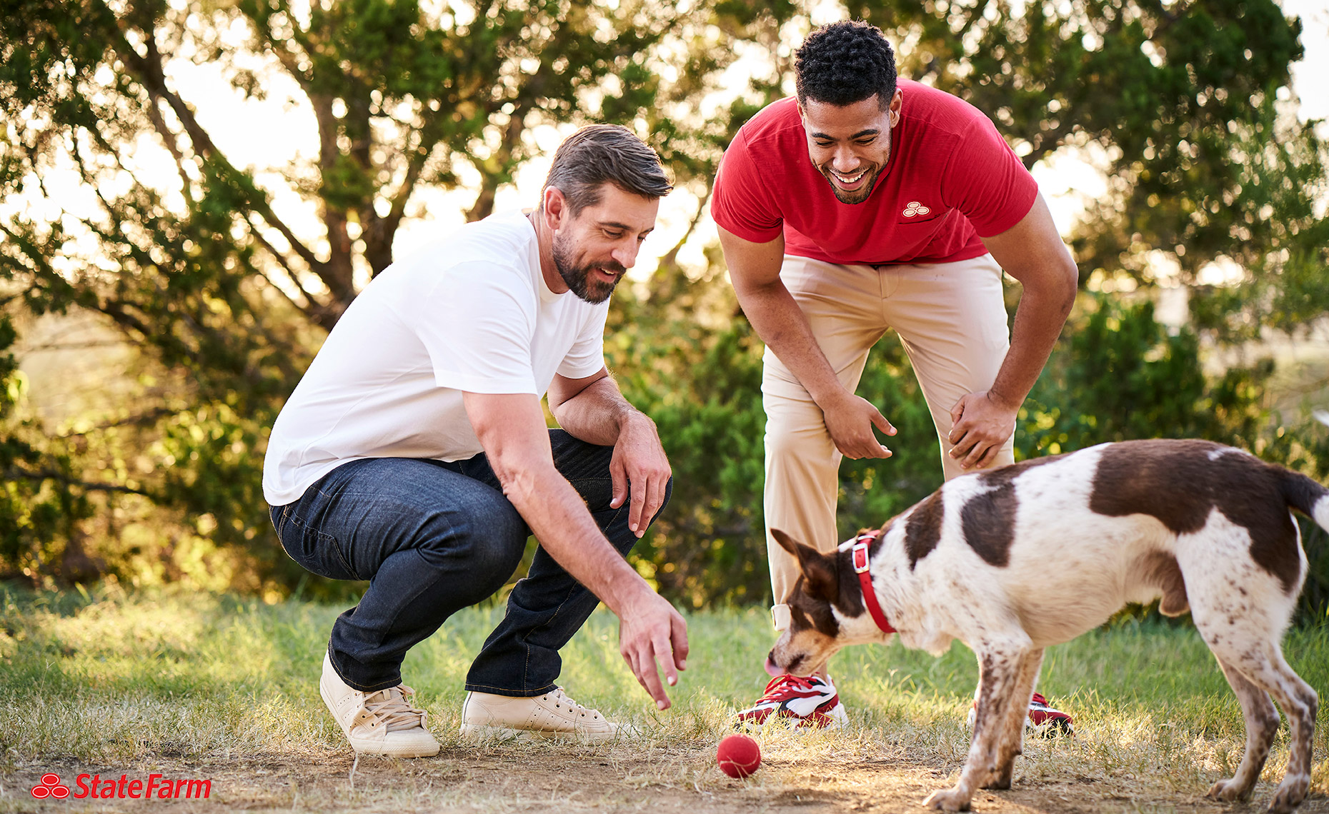 Commercial Celebrity Photography - Roger Snider - Aaron Rodgers and Jake from State Farm with dog in Austin TX