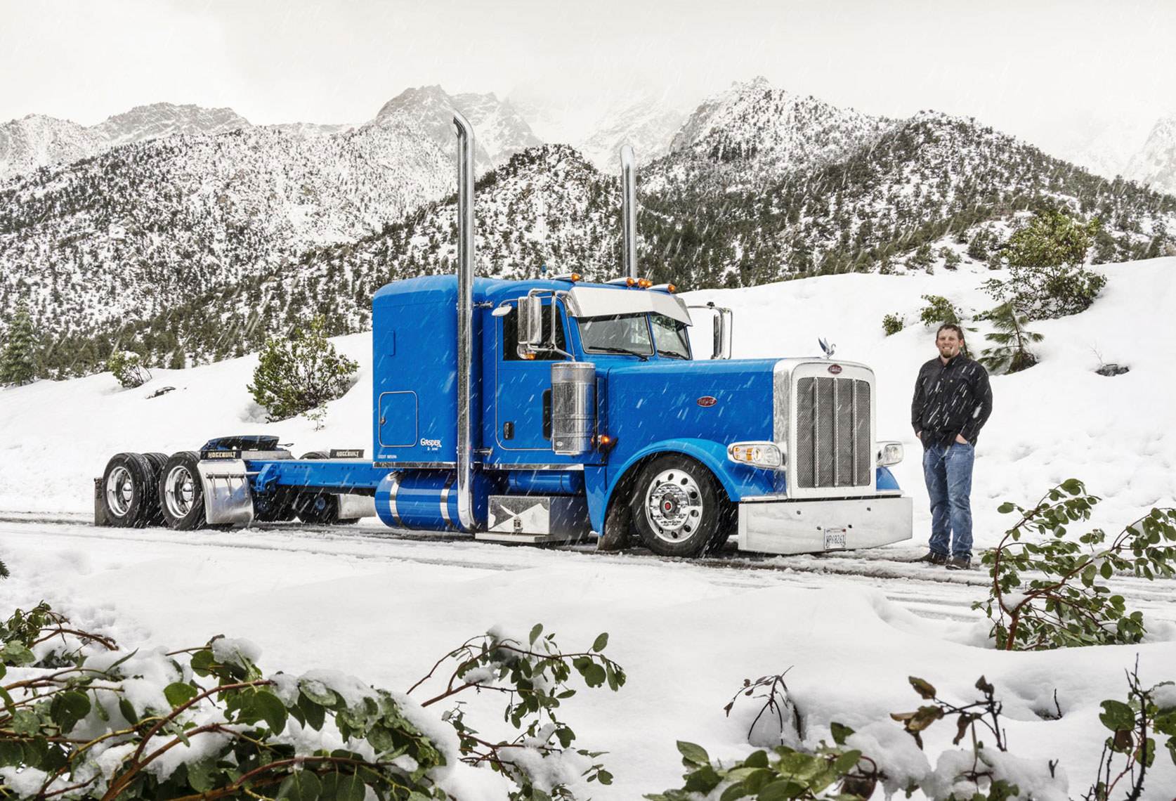 James and his low rider Peterbilt 389 in the Shasta snow
