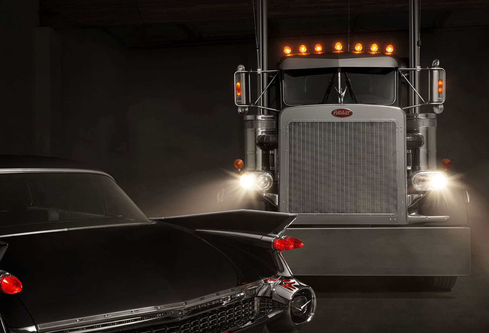 Peterbilt 359 and 1950s Cadillac in Studio